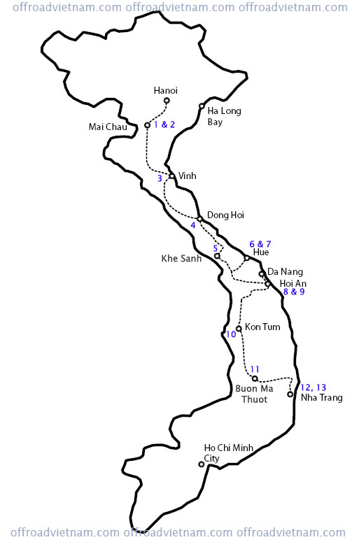 Map for Motorcycle touring Ho Chi Minh Trail in 13 days